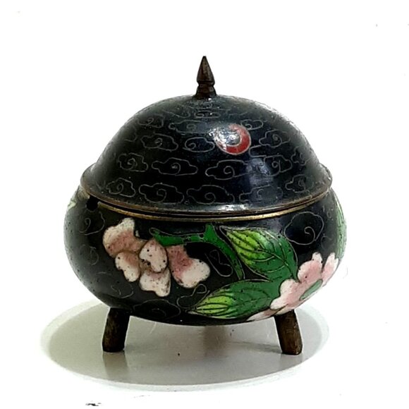 Chinese Vintage Cloisonne Opium Snuff Tea Ring Footed Box Rose Lotus - Picture 1 of 7